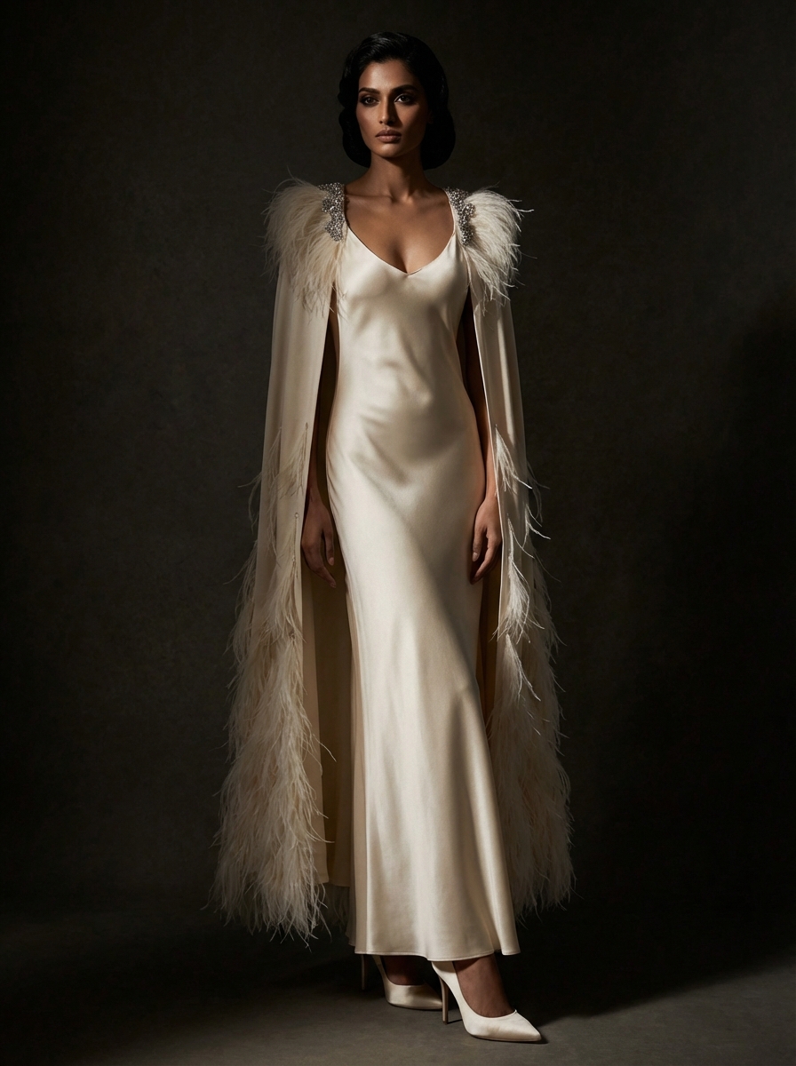 Model in ivory satin slip gown with ostrich-feather shoulder cape