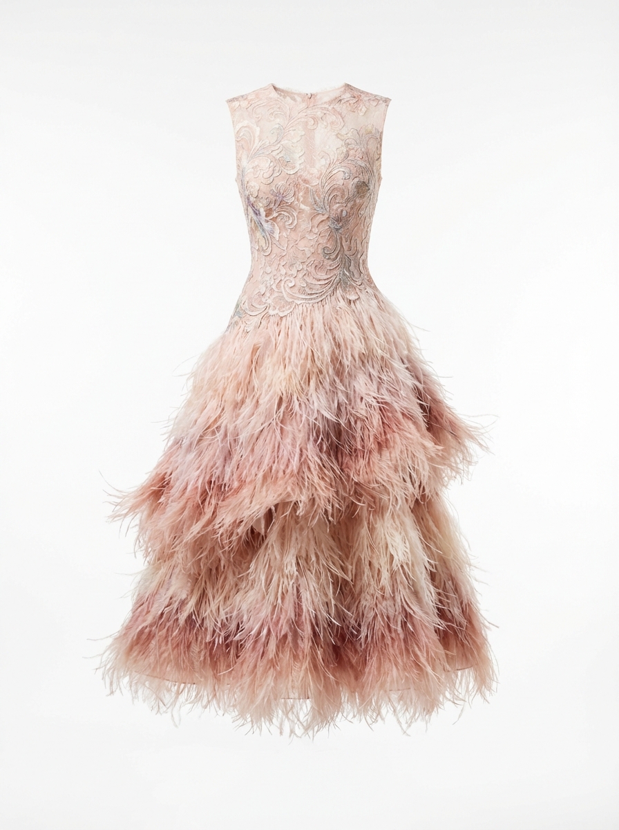 Garment-only blush rose-quartz lace bodice with cascading feather skirt