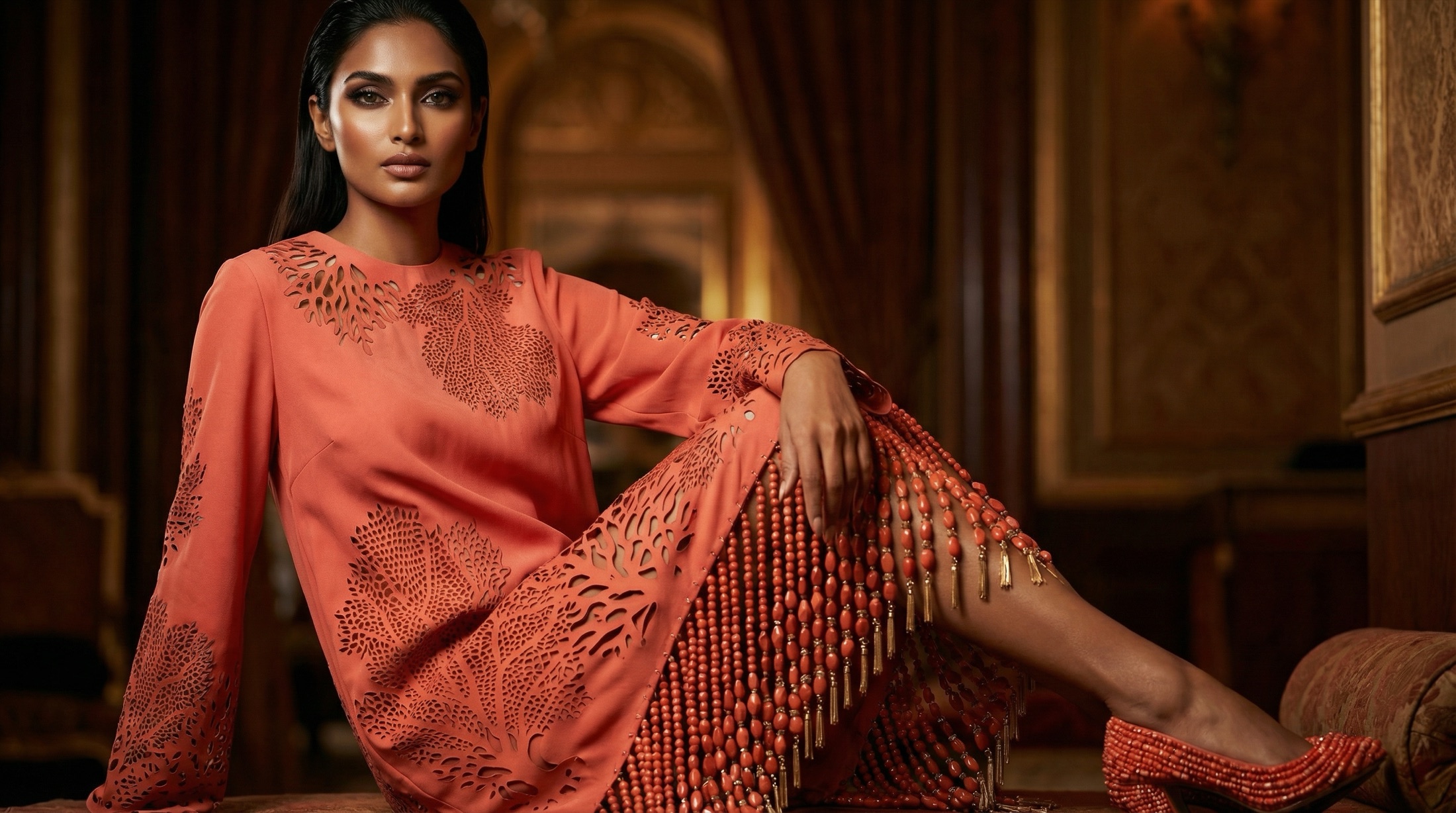 Model in coral cut-work tunic with beaded fringe in baroque palace interior
