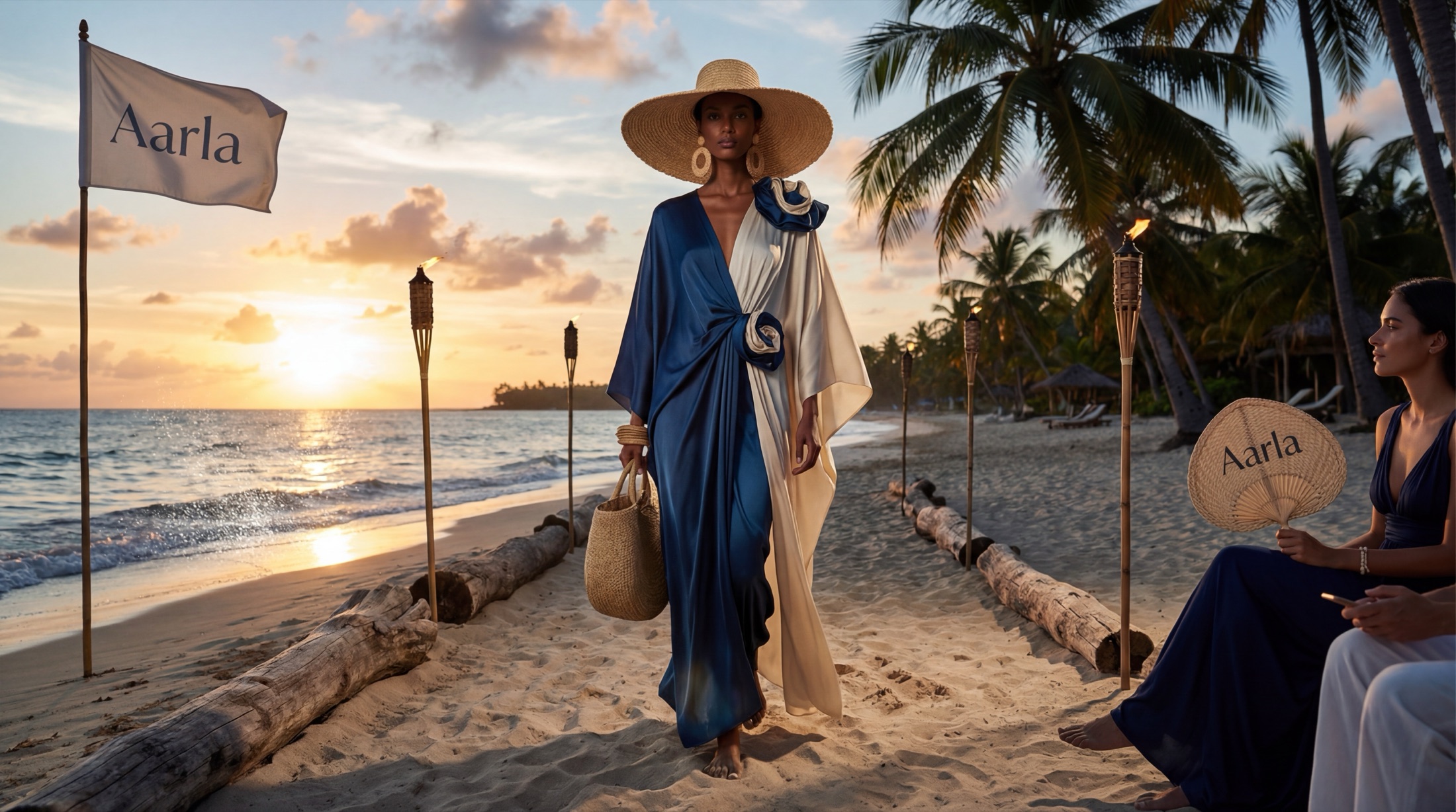 Model in cobalt-and-cream kaftan on brand-led beach runway at dusk