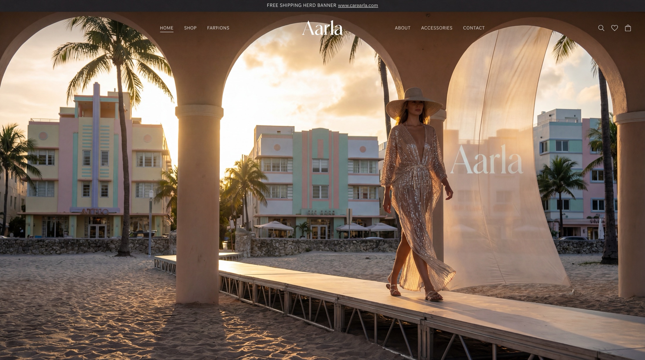 Model in shimmering kaftan walking sunset Miami Art Deco beach runway