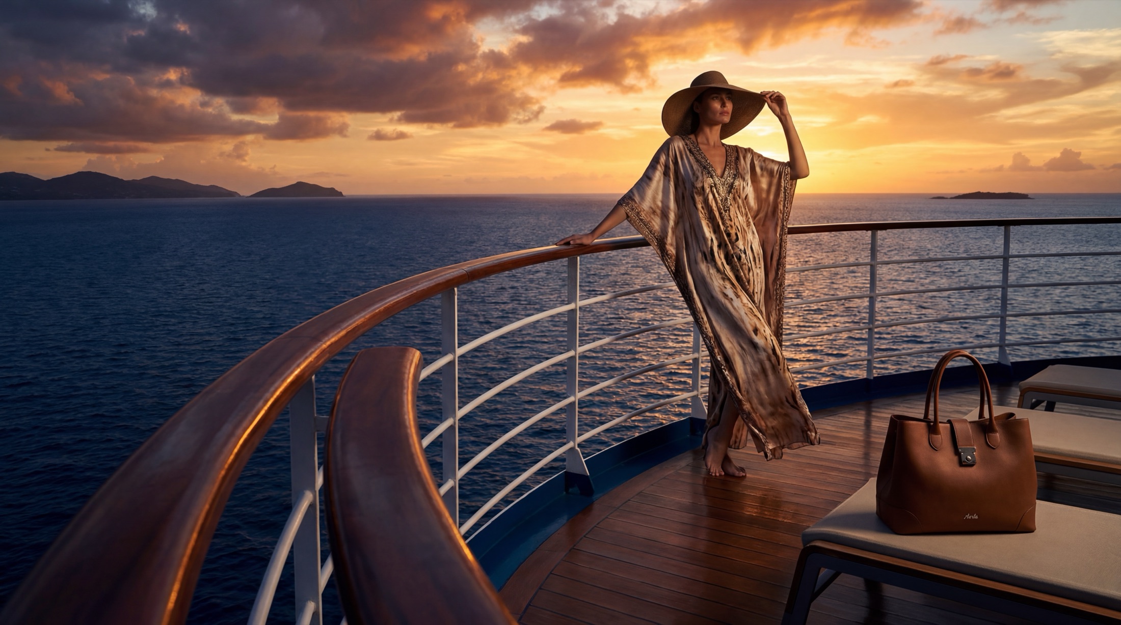 Model in metallic kaftan and sun hat on a luxury yacht deck at sunset